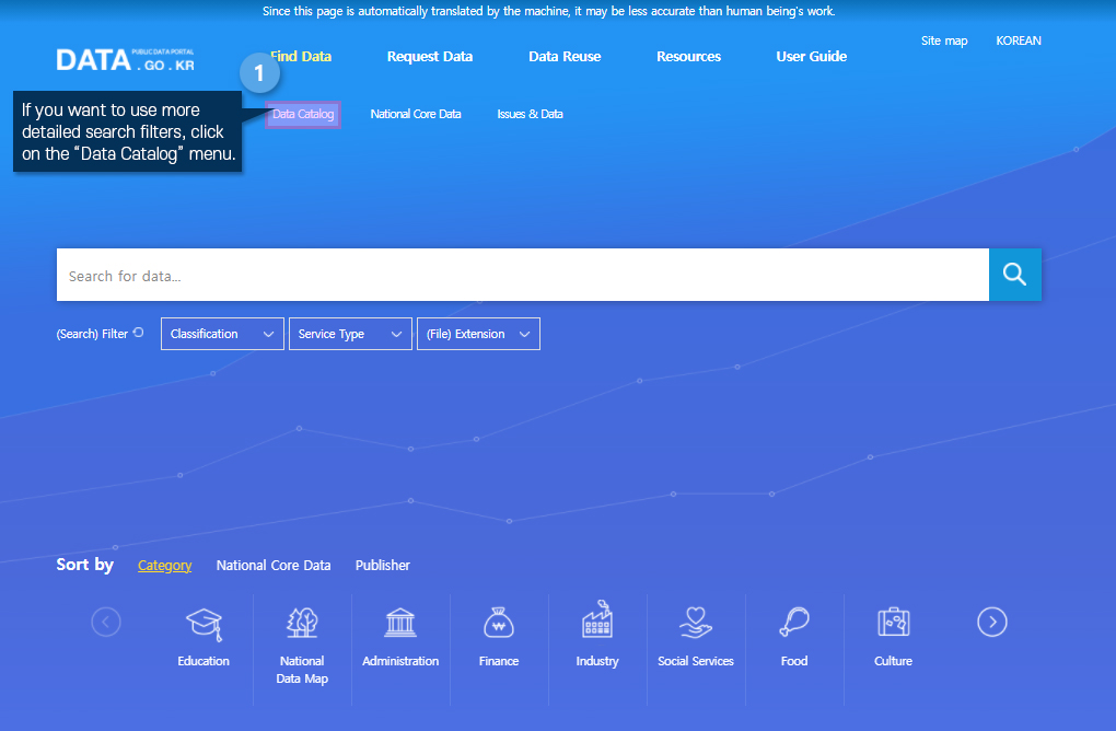 Search Data Catalog Menu